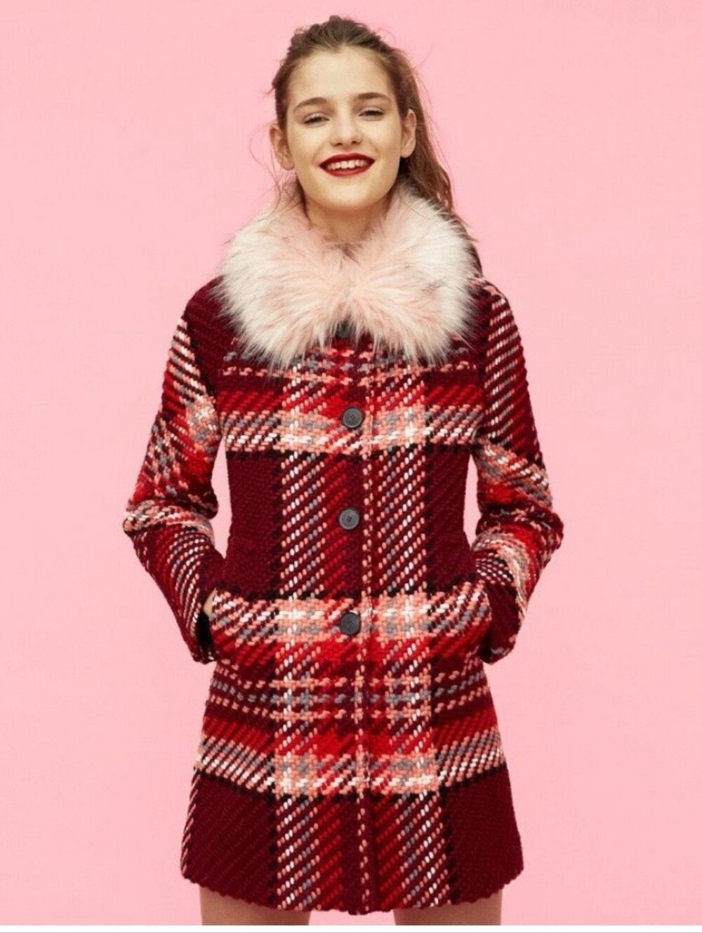 Zara Red/Pink TartanCoat with Blush Faux Fur Collar